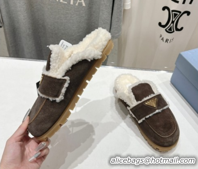 Sophisticated Prada Suede and Shearling Slippers Dark Brown 2025 PR101107 1027004