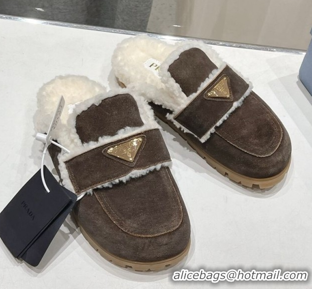Sophisticated Prada Suede and Shearling Slippers Dark Brown 2025 PR101107 1027004