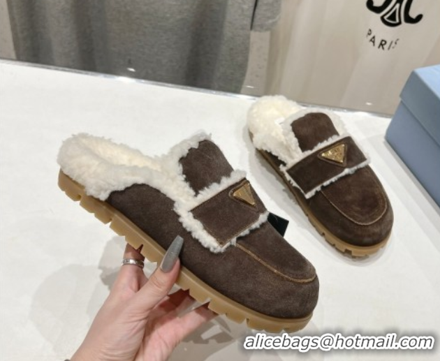 Sophisticated Prada Suede and Shearling Slippers Dark Brown 2025 PR101107 1027004