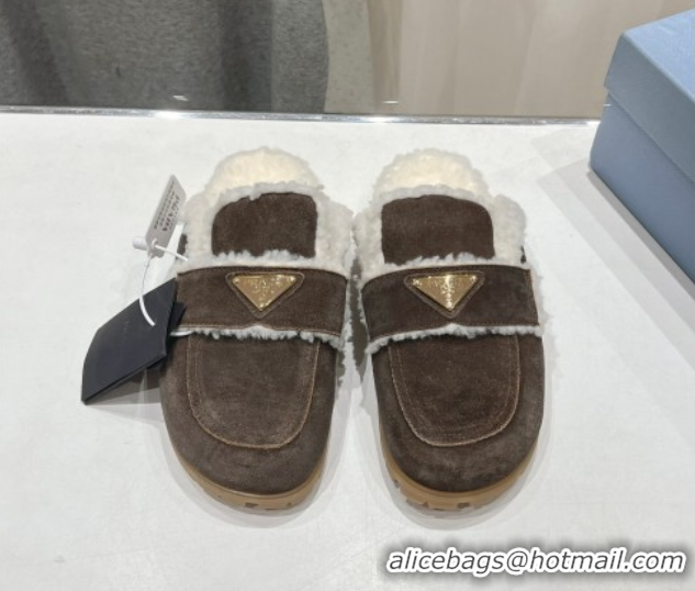 Sophisticated Prada Suede and Shearling Slippers Dark Brown 2025 PR101107 1027004