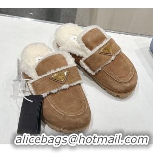 Best Price Prada Suede and Shearling Slippers Brown2 2025 PR101107 1027005