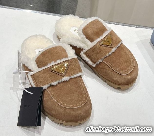 Best Price Prada Suede and Shearling Slippers Brown2 2025 PR101107 1027005
