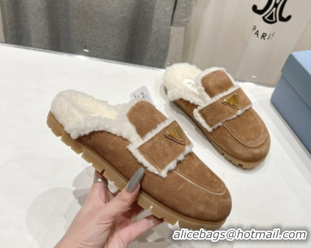 Best Price Prada Suede and Shearling Slippers Brown2 2025 PR101107 1027005