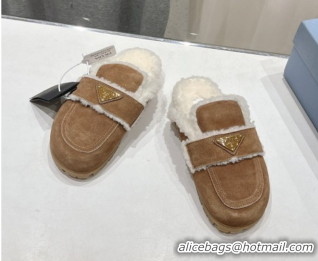 Best Price Prada Suede and Shearling Slippers Brown2 2025 PR101107 1027005