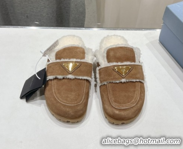 Best Price Prada Suede and Shearling Slippers Brown2 2025 PR101107 1027005