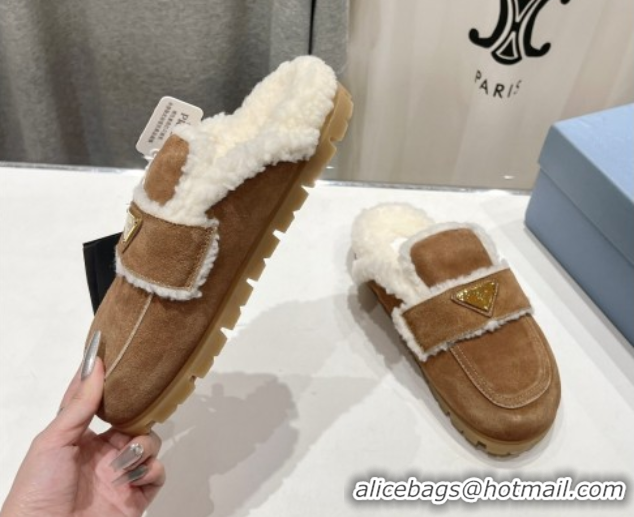 Best Price Prada Suede and Shearling Slippers Brown2 2025 PR101107 1027005