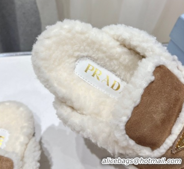 Best Price Prada Suede and Shearling Slippers Brown2 2025 PR101107 1027005