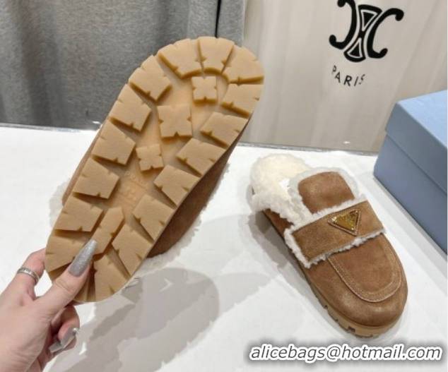 Best Price Prada Suede and Shearling Slippers Brown2 2025 PR101107 1027005