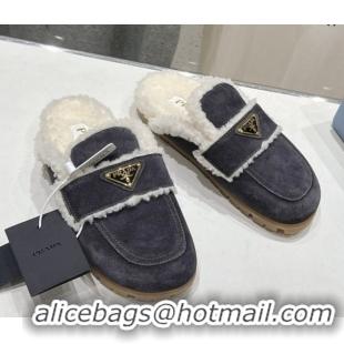 Good Quality Prada Suede and Shearling Slippers Dark Grey 2025 PR101107 1027006