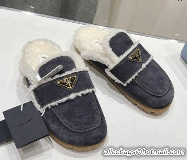 Good Quality Prada Suede and Shearling Slippers Dark Grey 2025 PR101107 1027006