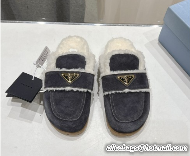 Good Quality Prada Suede and Shearling Slippers Dark Grey 2025 PR101107 1027006