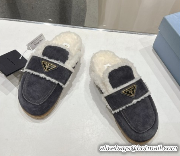 Good Quality Prada Suede and Shearling Slippers Dark Grey 2025 PR101107 1027006