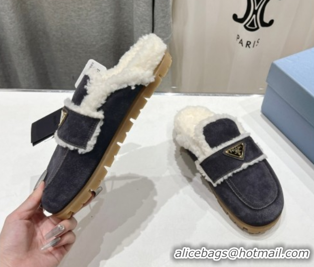 Good Quality Prada Suede and Shearling Slippers Dark Grey 2025 PR101107 1027006