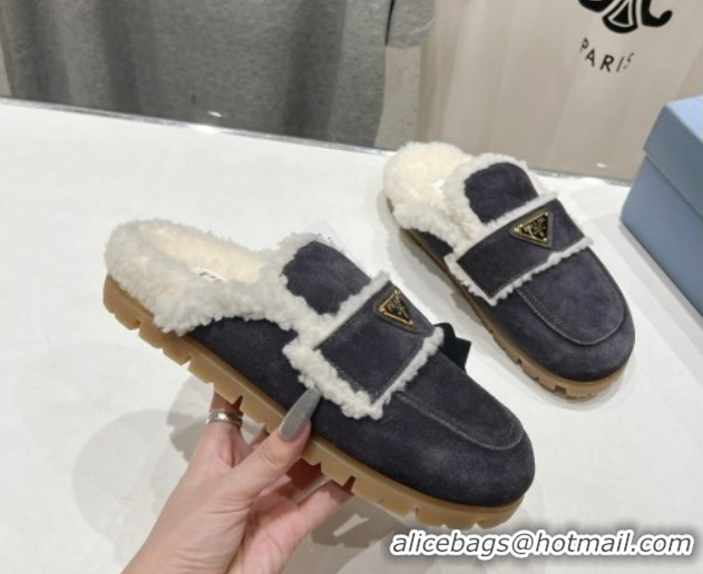 Good Quality Prada Suede and Shearling Slippers Dark Grey 2025 PR101107 1027006