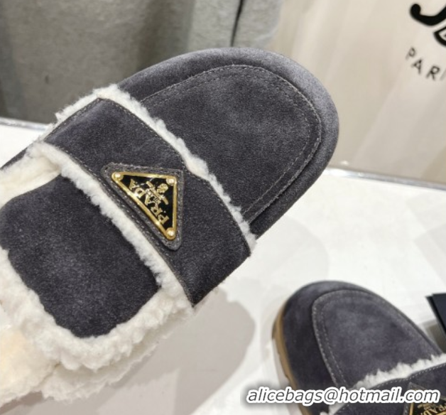 Good Quality Prada Suede and Shearling Slippers Dark Grey 2025 PR101107 1027006
