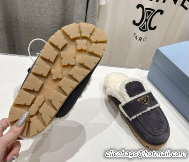 Good Quality Prada Suede and Shearling Slippers Dark Grey 2025 PR101107 1027006