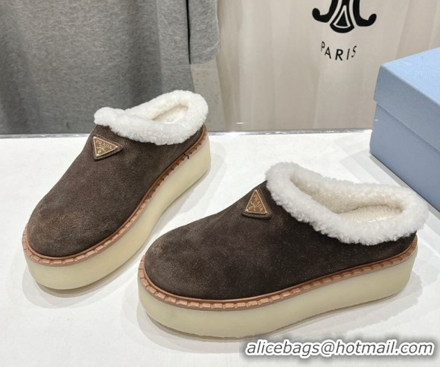 Classic Hot Prada Suede and Wool Platform Mules Dark Brown 2025 1S715N 1027007