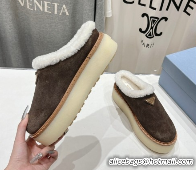 Classic Hot Prada Suede and Wool Platform Mules Dark Brown 2025 1S715N 1027007