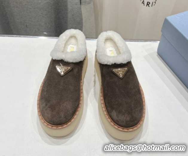 Classic Hot Prada Suede and Wool Platform Mules Dark Brown 2025 1S715N 1027007