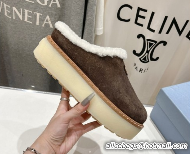 Classic Hot Prada Suede and Wool Platform Mules Dark Brown 2025 1S715N 1027007