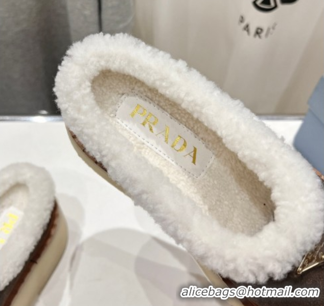 Classic Hot Prada Suede and Wool Platform Mules Dark Brown 2025 1S715N 1027007