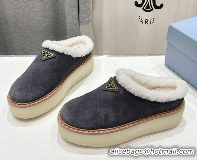 Good Looking Prada Suede and Wool Platform Mules Dark Grey 1S715N 1027009