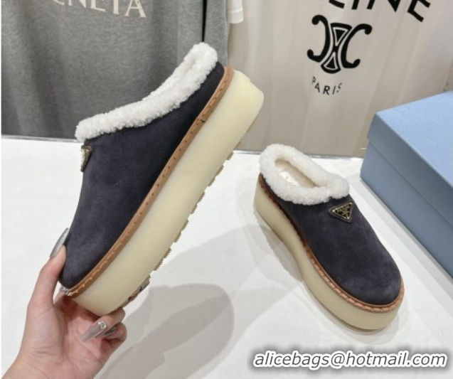 Good Looking Prada Suede and Wool Platform Mules Dark Grey 1S715N 1027009