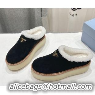 Good Quality Prada Suede and Wool Platform Mules Black 2025 1S715N 1027011