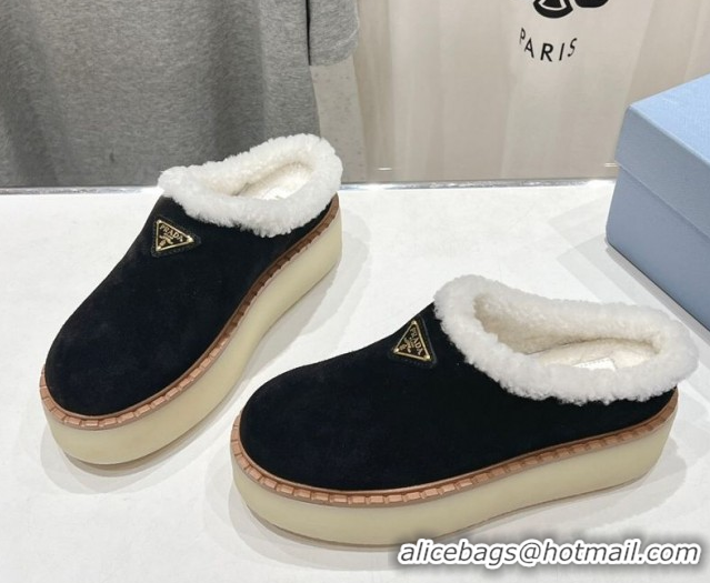 Good Quality Prada Suede and Wool Platform Mules Black 2025 1S715N 1027011