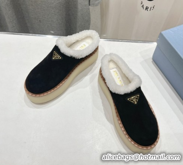 Good Quality Prada Suede and Wool Platform Mules Black 2025 1S715N 1027011