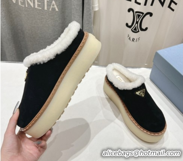 Good Quality Prada Suede and Wool Platform Mules Black 2025 1S715N 1027011