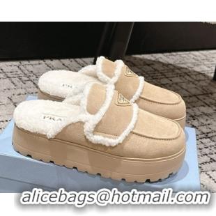 Popular Style Prada Suede and Shearling Platform Mules 4cm Beige 1XZ778 1027012