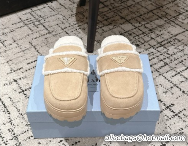 Popular Style Prada Suede and Shearling Platform Mules 4cm Beige 1XZ778 1027012