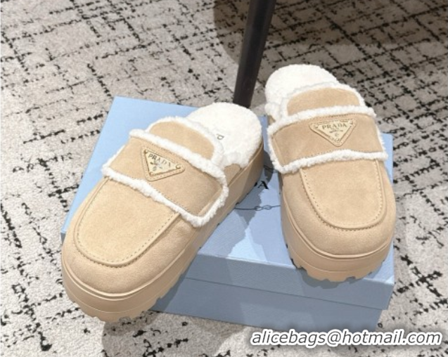Popular Style Prada Suede and Shearling Platform Mules 4cm Beige 1XZ778 1027012