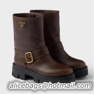 Super Quality Prada Logo Leather Biker Boots 19287 Brown 2025