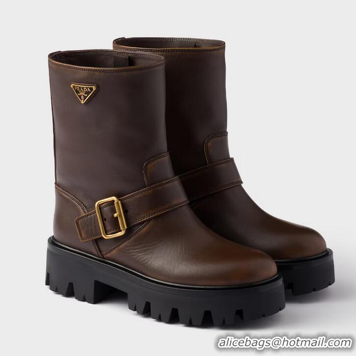 Super Quality Prada Logo Leather Biker Boots 19287 Brown 2025