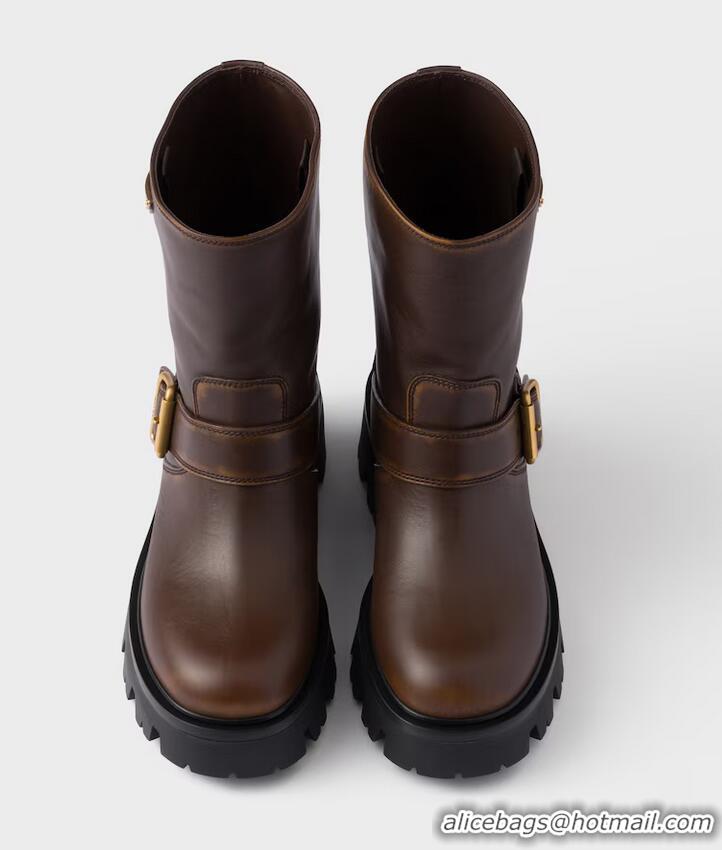 Super Quality Prada Logo Leather Biker Boots 19287 Brown 2025