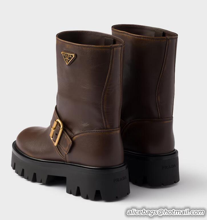 Super Quality Prada Logo Leather Biker Boots 19287 Brown 2025