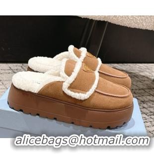 Pretty Style Prada Suede and Shearling Platform Mules 4cm Brown2 2025 1XZ778 1027013