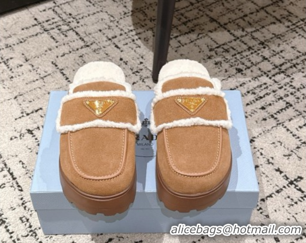 Pretty Style Prada Suede and Shearling Platform Mules 4cm Brown2 2025 1XZ778 1027013