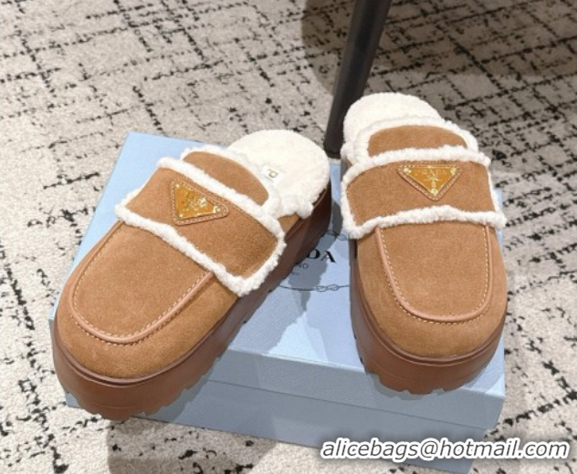Pretty Style Prada Suede and Shearling Platform Mules 4cm Brown2 2025 1XZ778 1027013