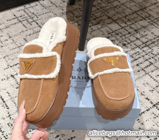 Pretty Style Prada Suede and Shearling Platform Mules 4cm Brown2 2025 1XZ778 1027013