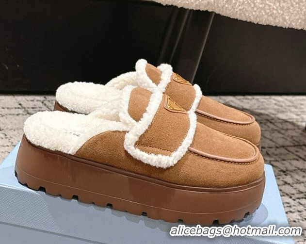 Pretty Style Prada Suede and Shearling Platform Mules 4cm Brown2 2025 1XZ778 1027013