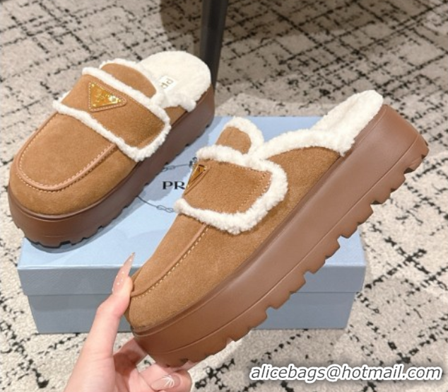 Pretty Style Prada Suede and Shearling Platform Mules 4cm Brown2 2025 1XZ778 1027013