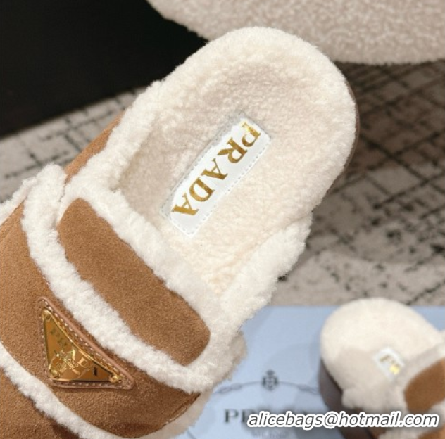 Pretty Style Prada Suede and Shearling Platform Mules 4cm Brown2 2025 1XZ778 1027013