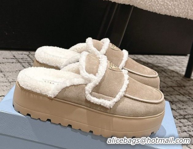 Purchase Prada Suede and Shearling Platform Mules 4cm Taupe 2025 1XZ778 1027014
