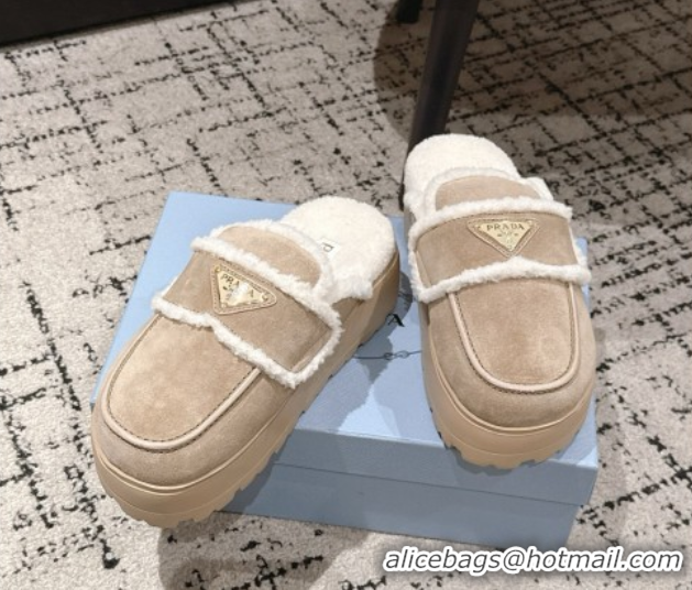 Purchase Prada Suede and Shearling Platform Mules 4cm Taupe 2025 1XZ778 1027014