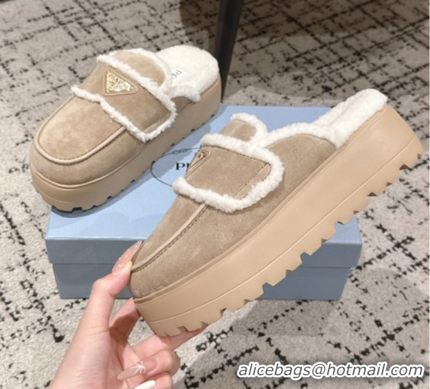 Purchase Prada Suede and Shearling Platform Mules 4cm Taupe 2025 1XZ778 1027014