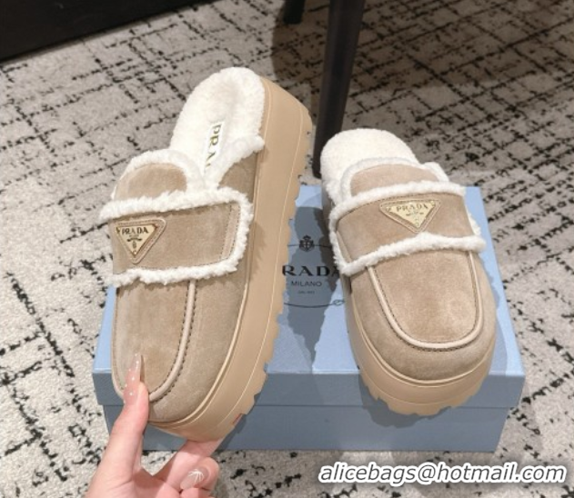 Purchase Prada Suede and Shearling Platform Mules 4cm Taupe 2025 1XZ778 1027014