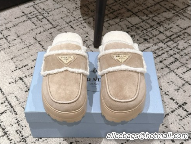 Purchase Prada Suede and Shearling Platform Mules 4cm Taupe 2025 1XZ778 1027014